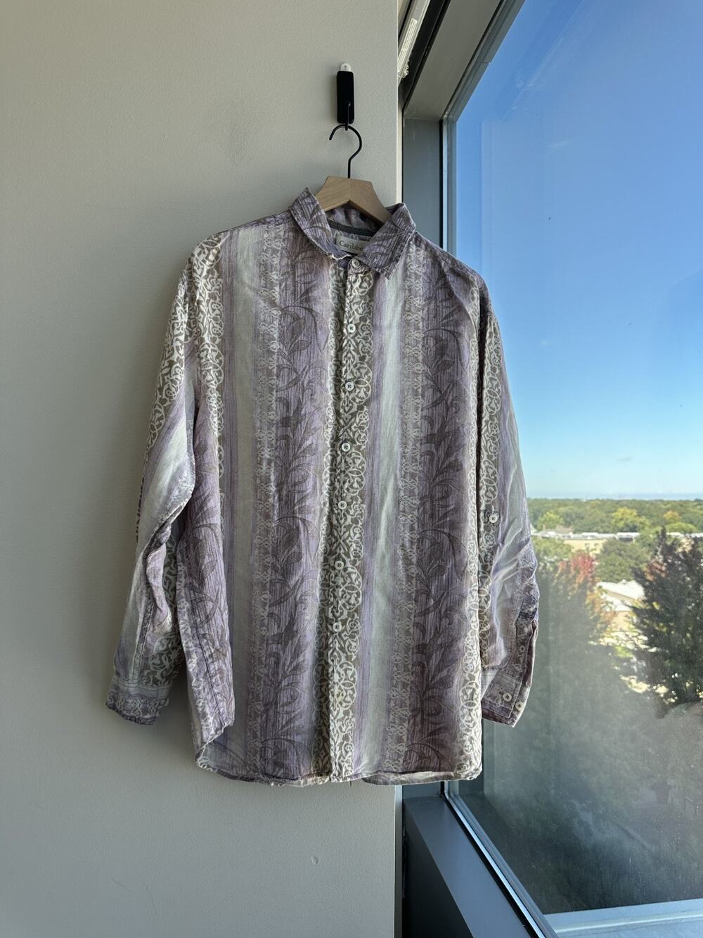 Caribbean Men's Purple Gray Floral Long Sleeve 100% Linen Shirt Coastal Sz XL